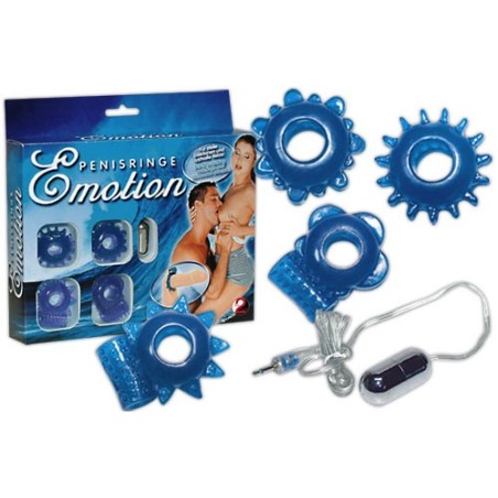 SET 4 ANELLI FALLICI CON RILIEVI STIMOLANTI E OVETTO VIBRANTE \EMOTION\